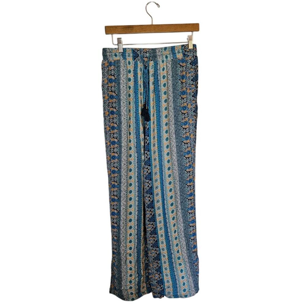 Knox Rose Women's Boho Wide-Leg Palazzo Pants Med Flowy Blue Floral Print Comfy